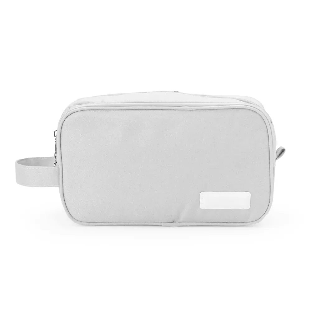 Necessaire personalizada de poliéster com 3 compartimentos e chaveiro, cor cinza