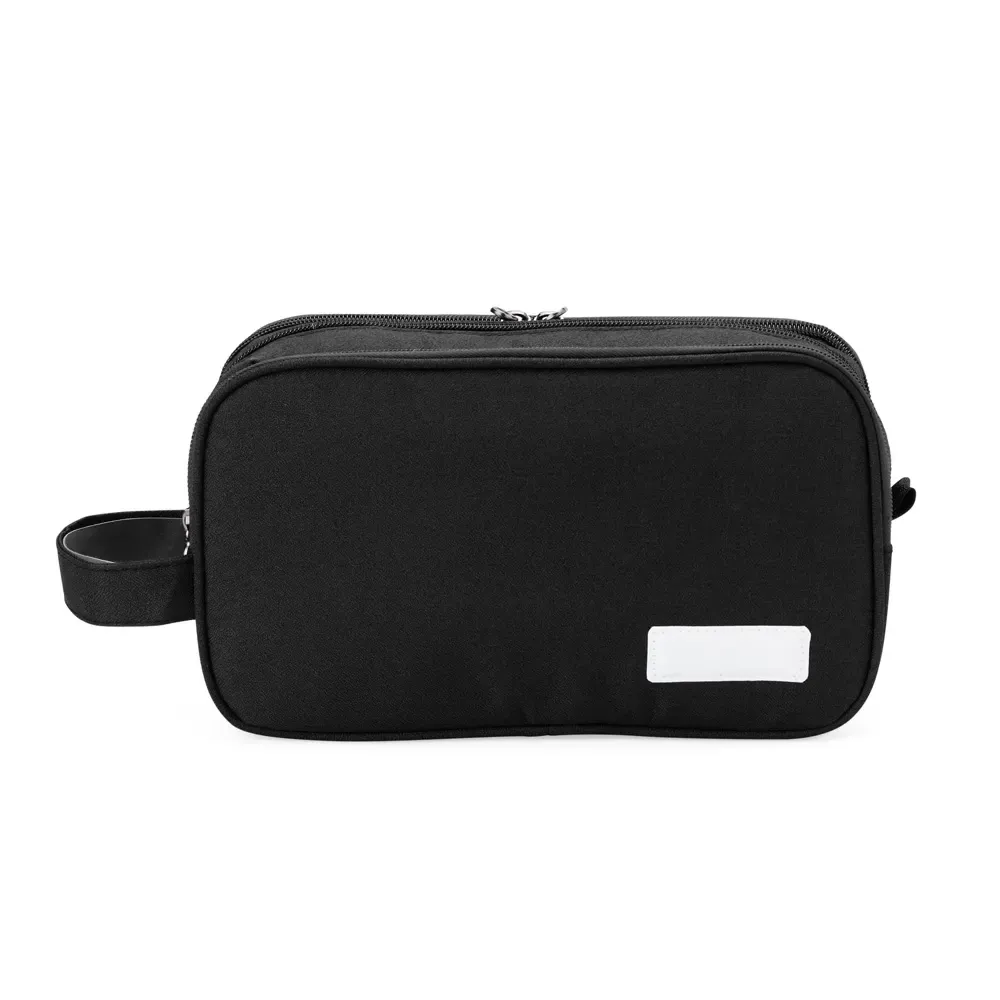 Necessaire personalizada de poliéster com 3 compartimentos e chaveiro, cor preta