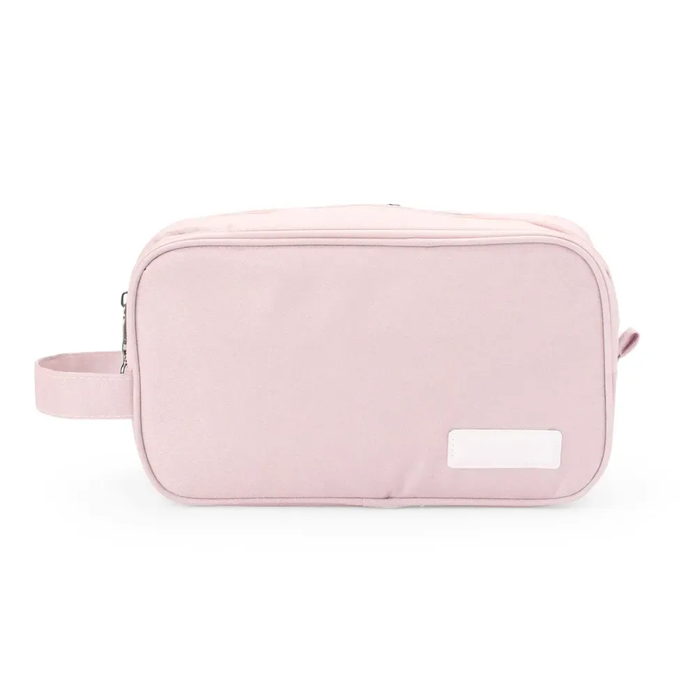 Necessaire personalizada de poliéster com 3 compartimentos e chaveiro, cor rosa