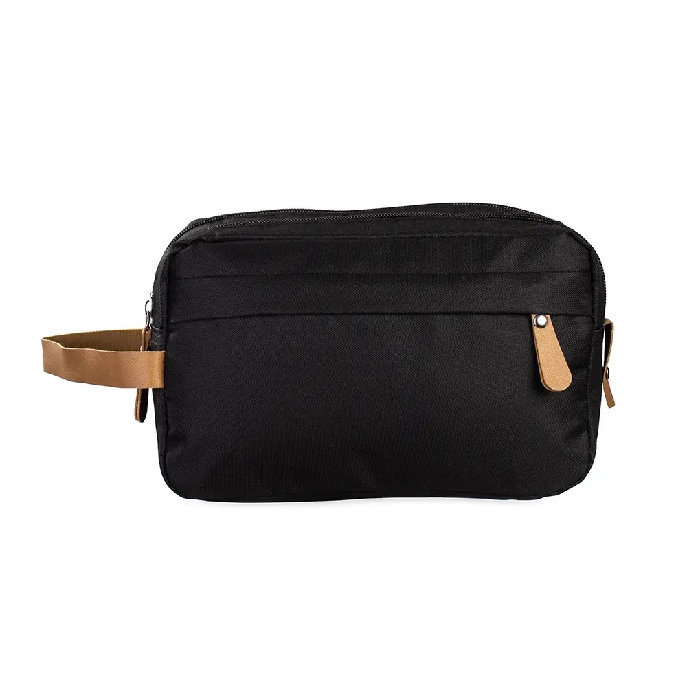 Necessaire personalizada de poliéster 300D com 2 compartimentos, cor preta