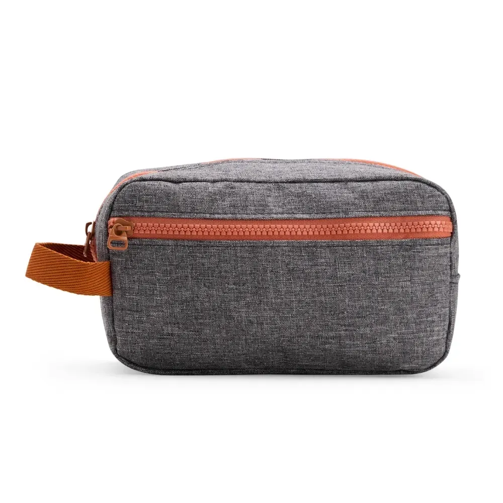 Nécessaire de Poliéster com Bolso Frontal Personalizada, cor cinza com marrom