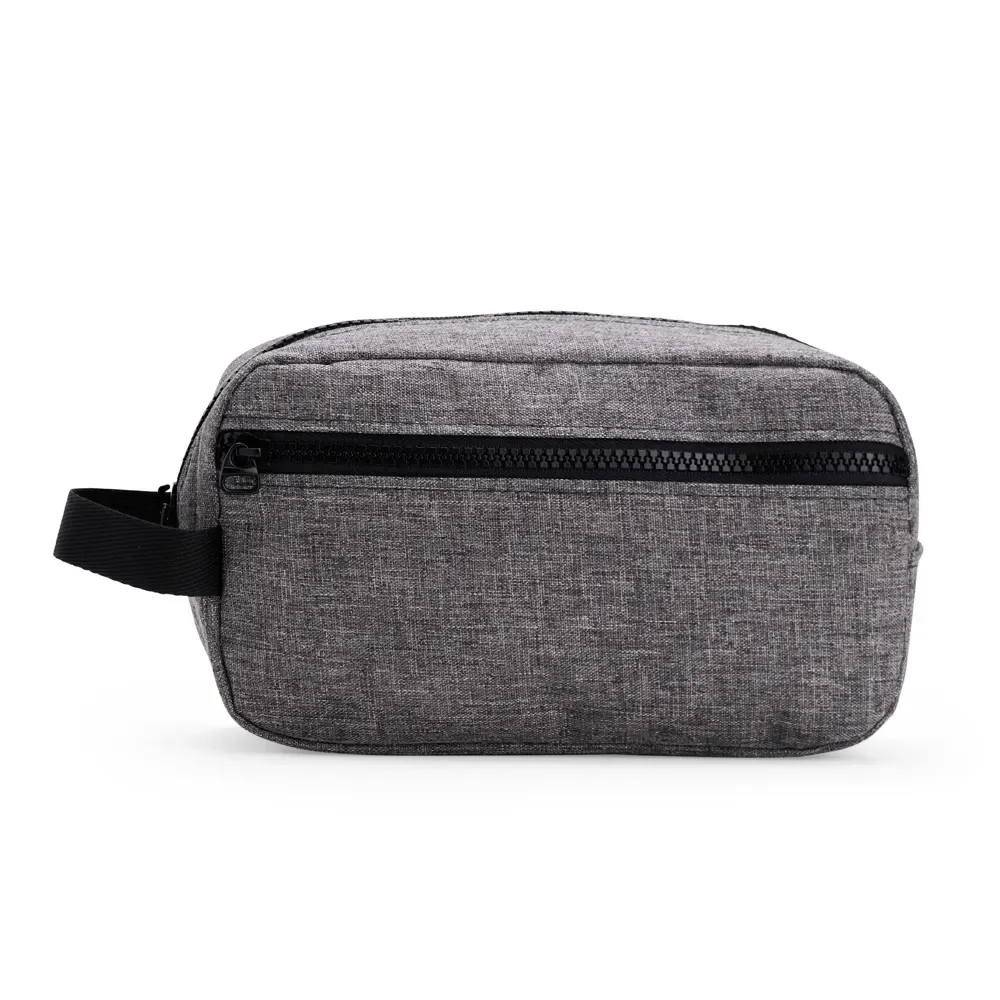 Nécessaire de Poliéster com Bolso Frontal Personalizada, cor cinza com preto