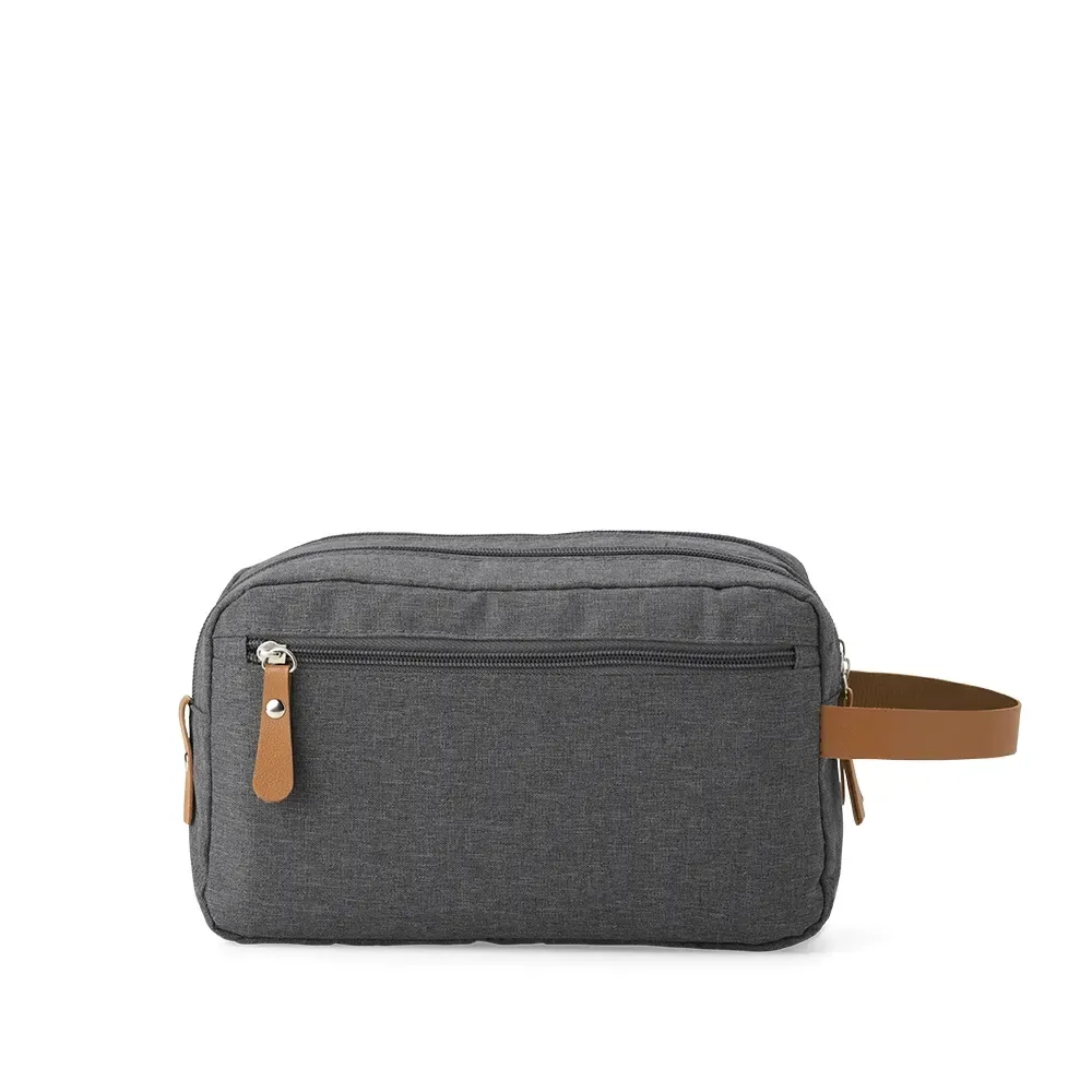 Necessaire personalizada de poliéster com 3 compartimentos, cor cinza