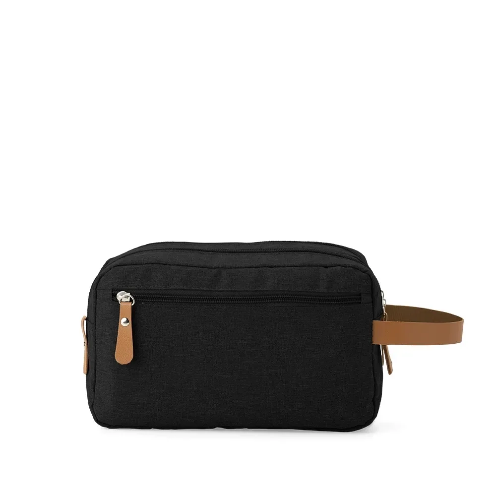 Necessaire personalizada de poliéster com 3 compartimentos, cor preta