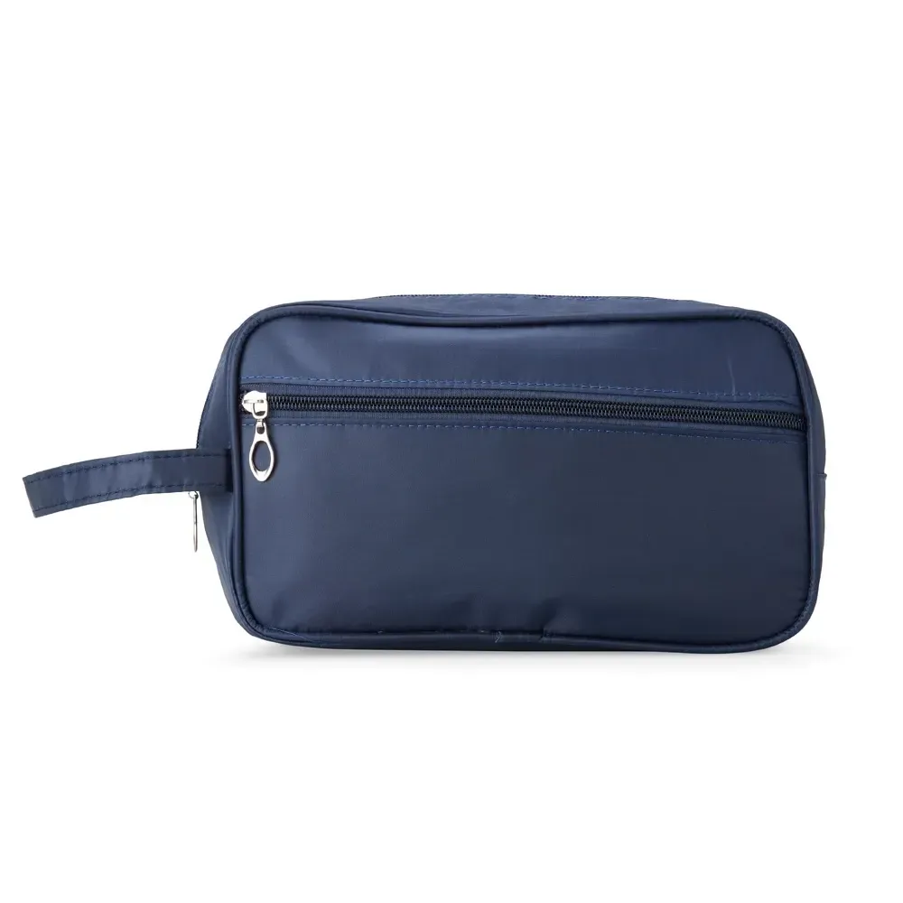 Necessaire personalizada de poliéster com bolso frontal, cor azul escuro