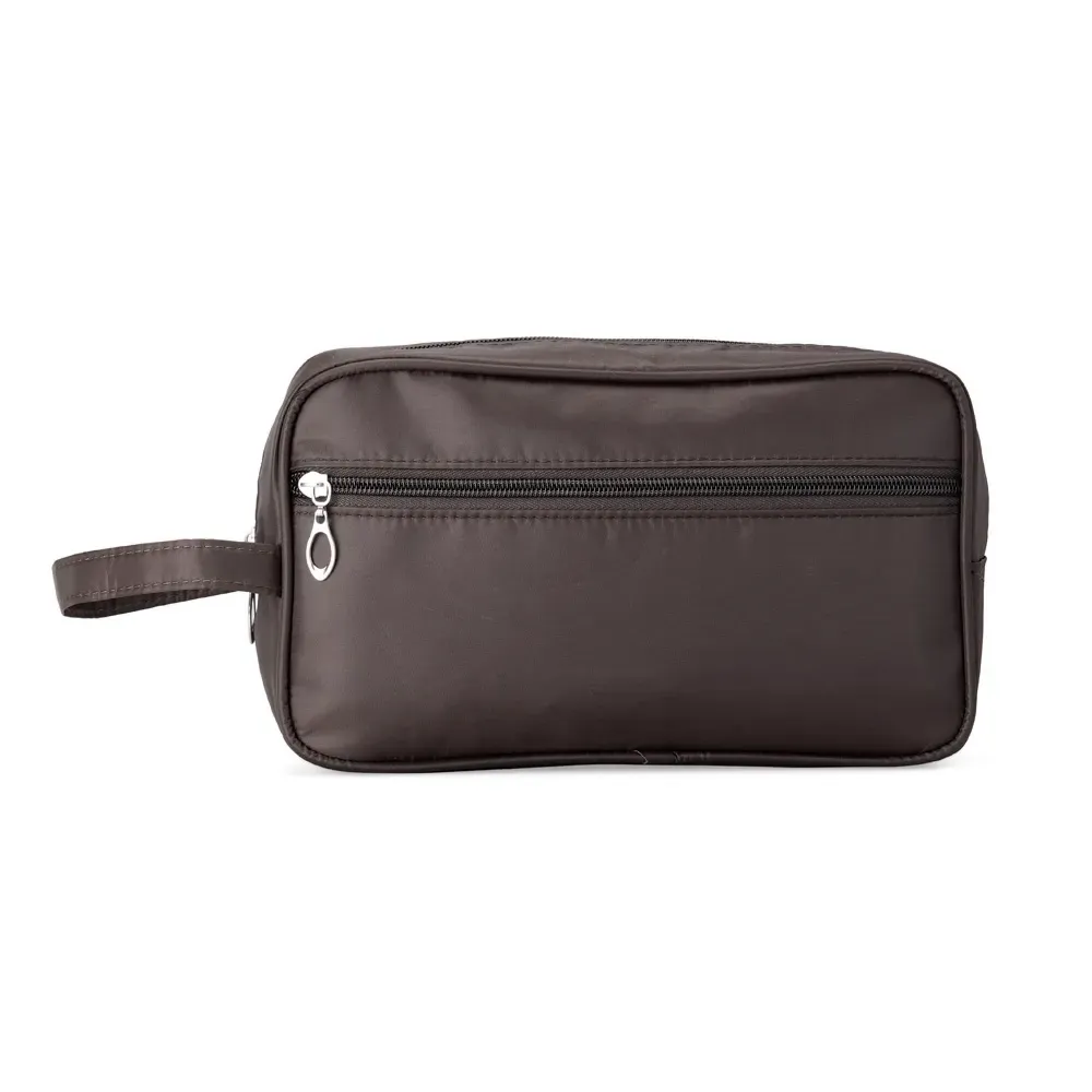 Necessaire personalizada de poliéster com bolso frontal, cor marrom