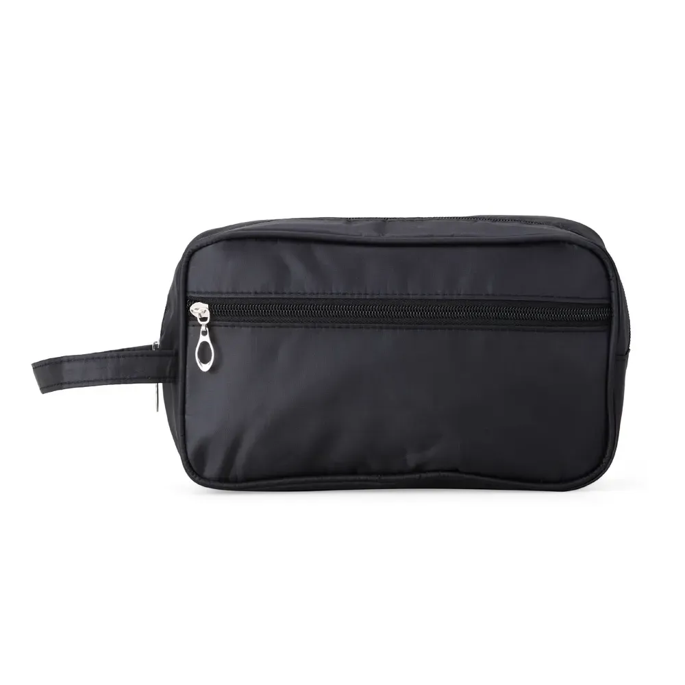 Necessaire personalizada de poliéster com bolso frontal, cor preta