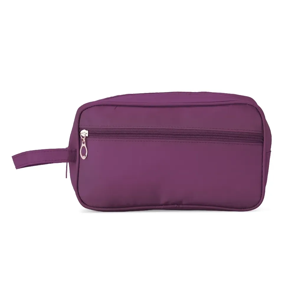 Necessaire personalizada de poliéster com bolso frontal, cor roxa