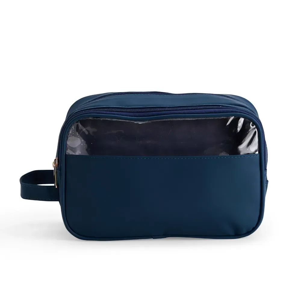 Nécessaire personalizada de poliuretano com viseira em PVC, cor azul escuro
