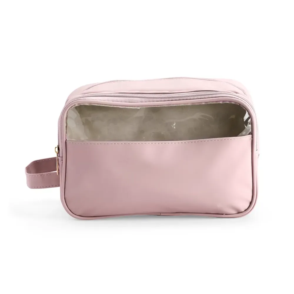 Nécessaire personalizada de poliuretano com viseira em PVC, cor rosa