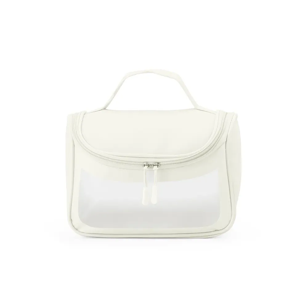 Necessaire personalizada de PU com visor translúcido, cor branca