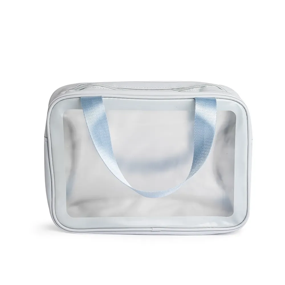 Necessaire personalizada de PVC com divisórias em malha, cor azul