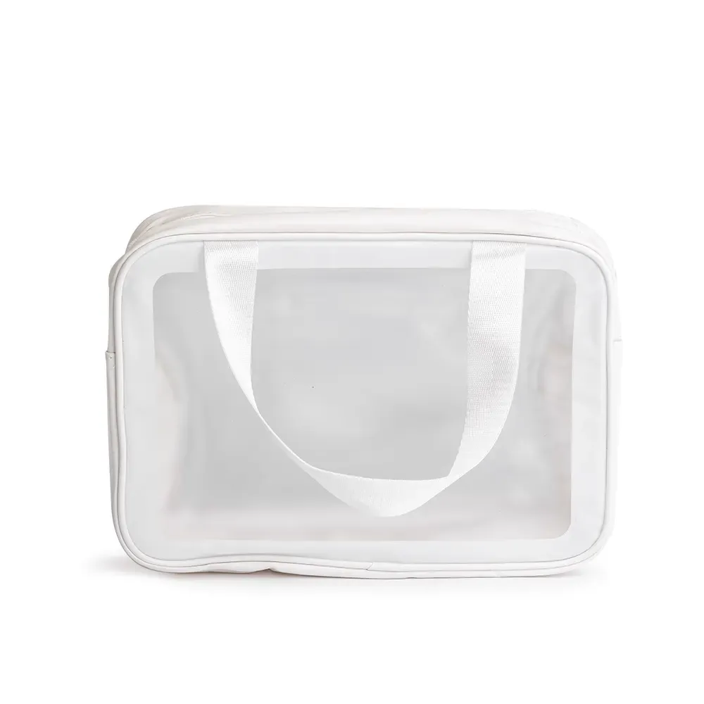 Necessaire personalizada de PVC com divisórias em malha, cor branca