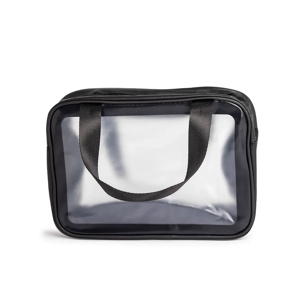 Necessaire personalizada de PVC com divisórias em malha, cor preta