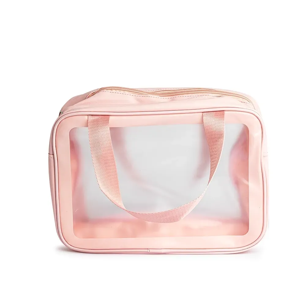 Necessaire personalizada de PVC com divisórias em malha, cor rosa