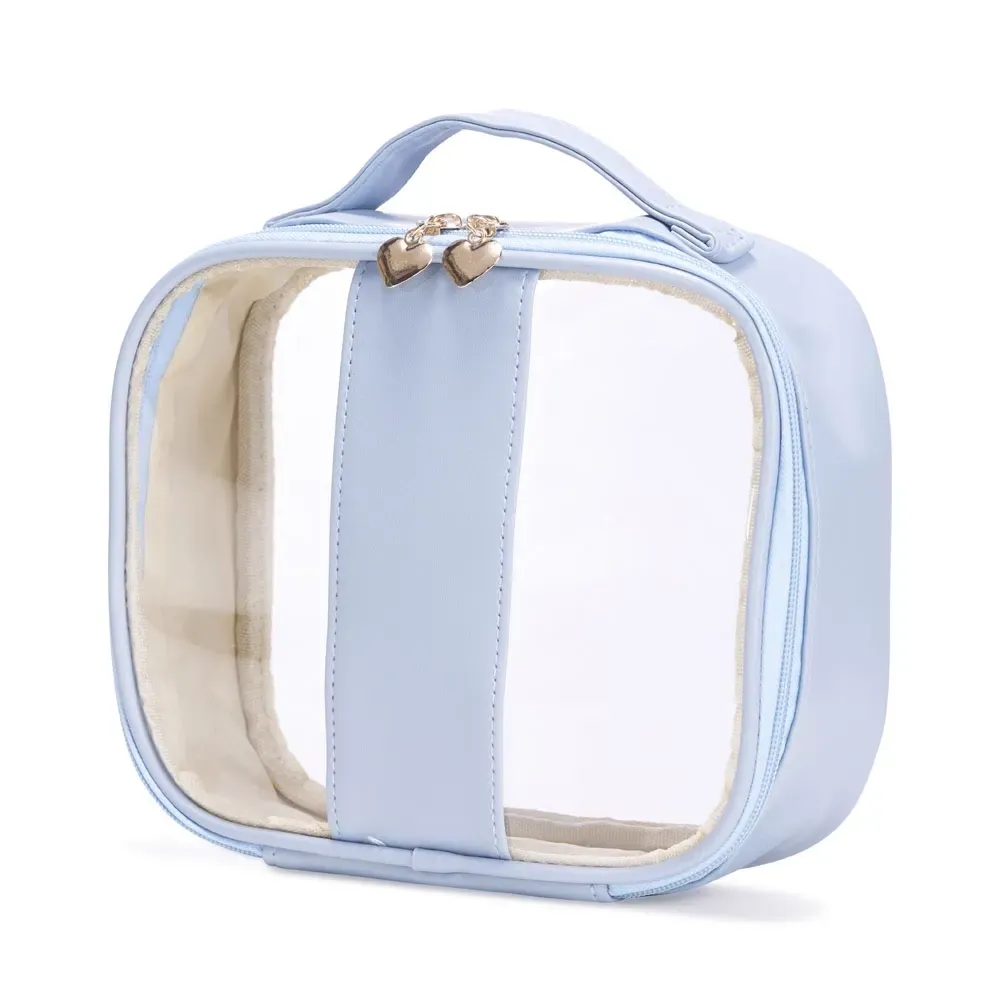 Necessaire personalizada de PVC com puxador coração, tamanho G, cor azul claro