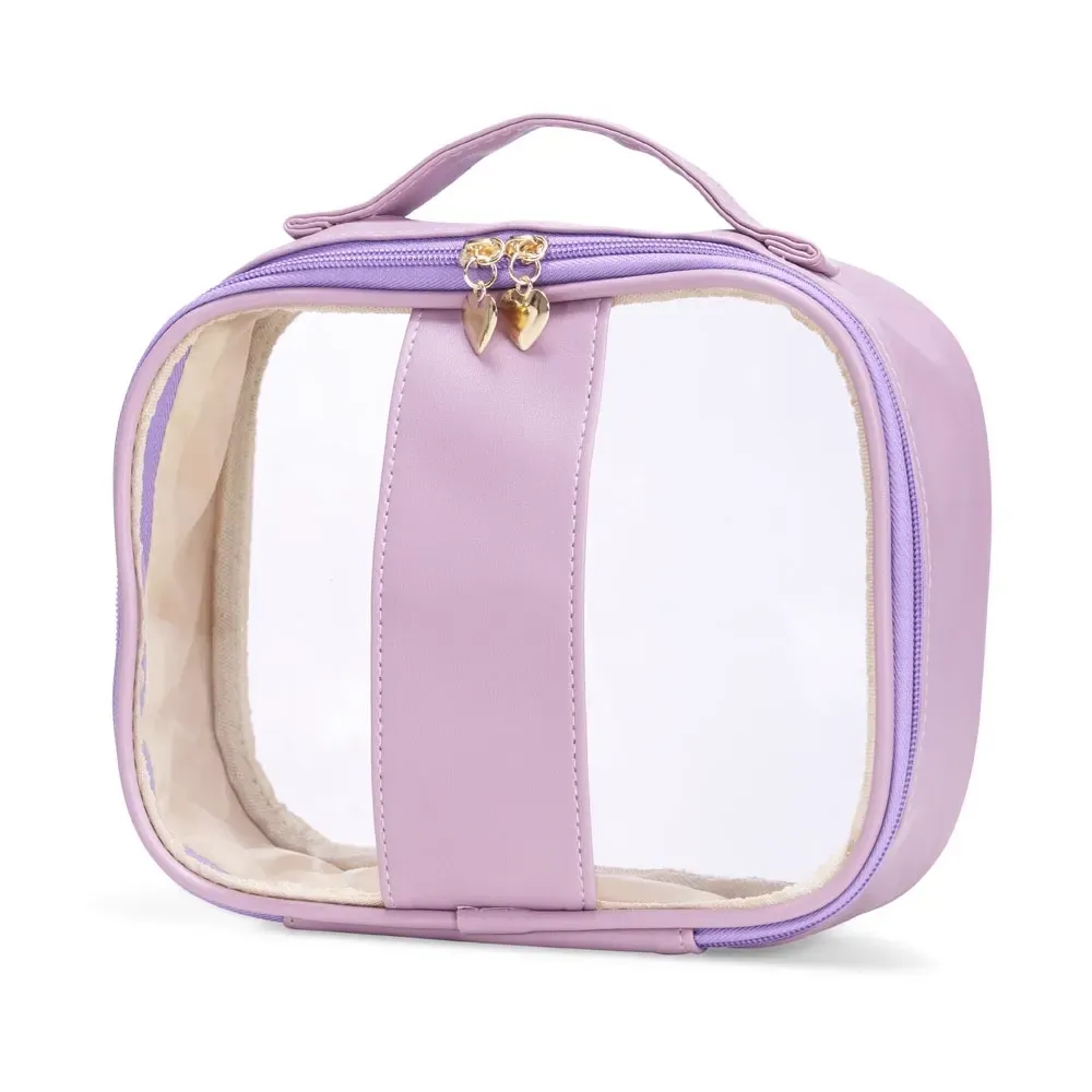 Necessaire personalizada de PVC com puxador coração, tamanho G, cor lilás