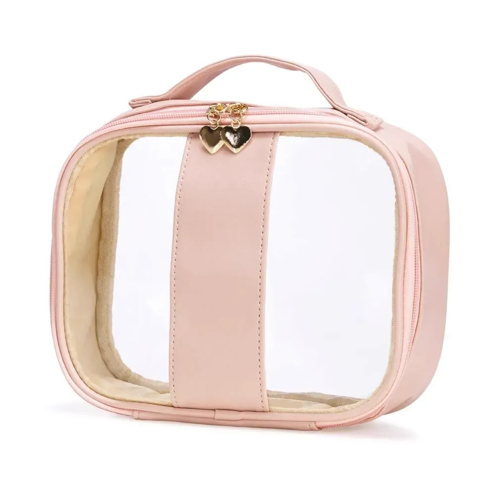 Necessaire personalizada de PVC com puxador coração, tamanho G, cor rosa claro