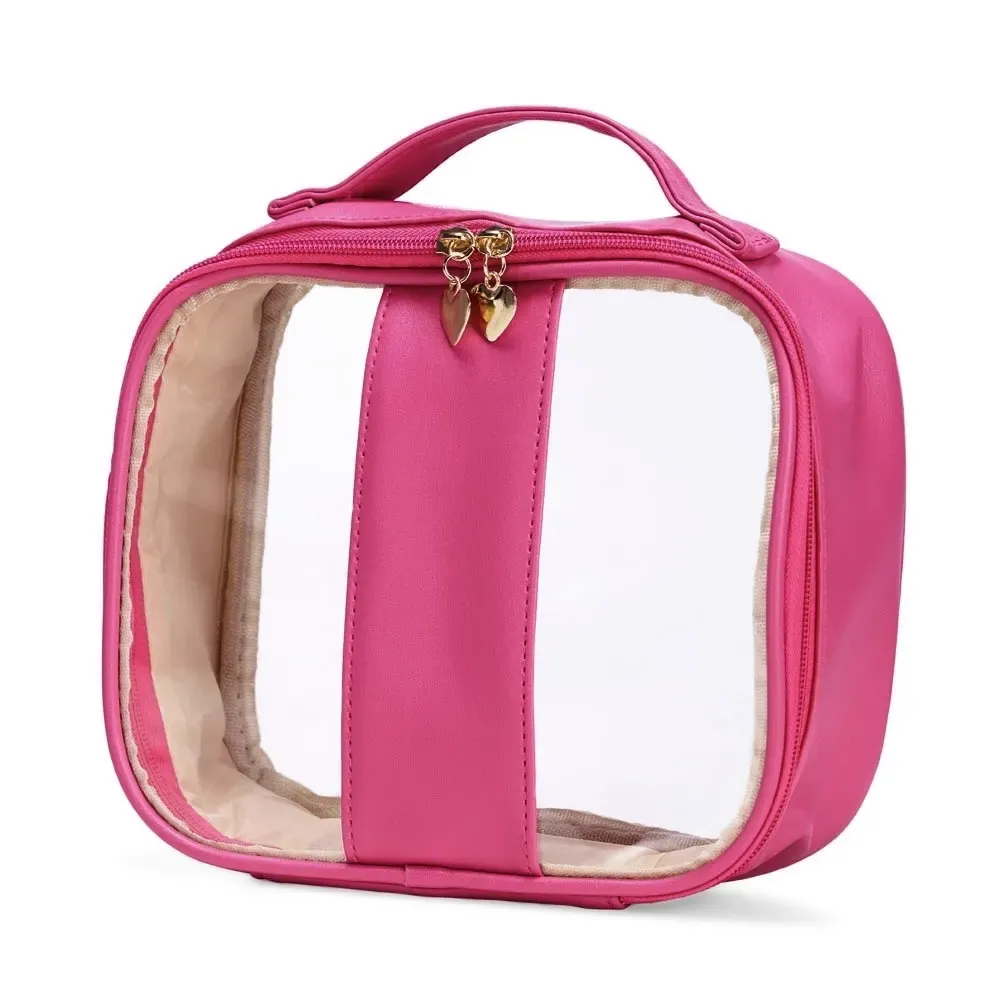 Necessaire personalizada de PVC com puxador coração, tamanho G, cor rosa escuro