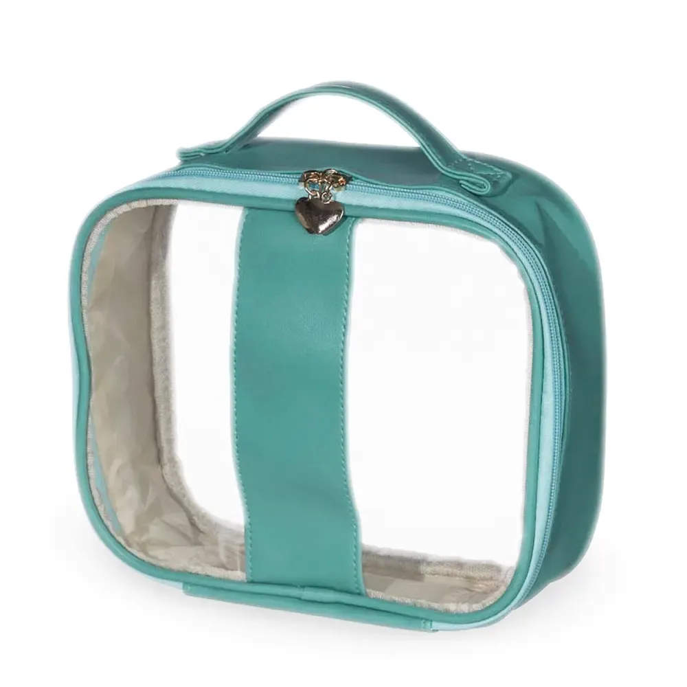 Necessaire personalizada de PVC com puxador coração, tamanho G, cor verde