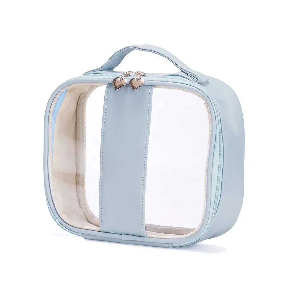 Necessaire personalizada de PVC com puxador coração, tamanho M, cor azul claro