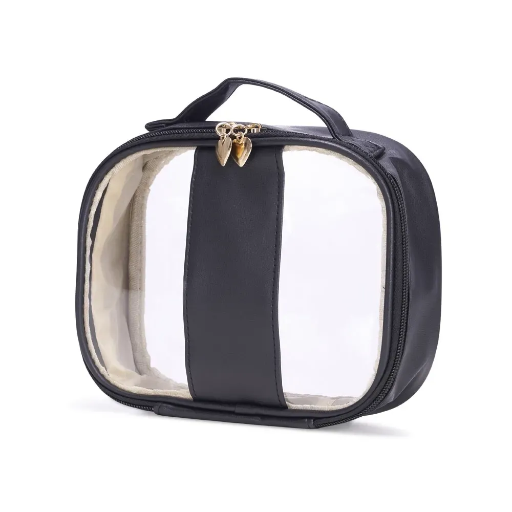Necessaire personalizada de PVC com puxador coração, tamanho M, cor preta