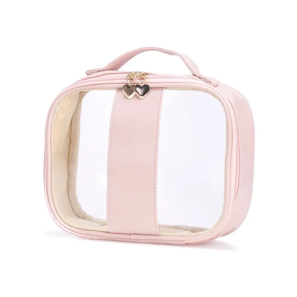 Necessaire personalizada de PVC com puxador coração, tamanho M, cor rosa claro