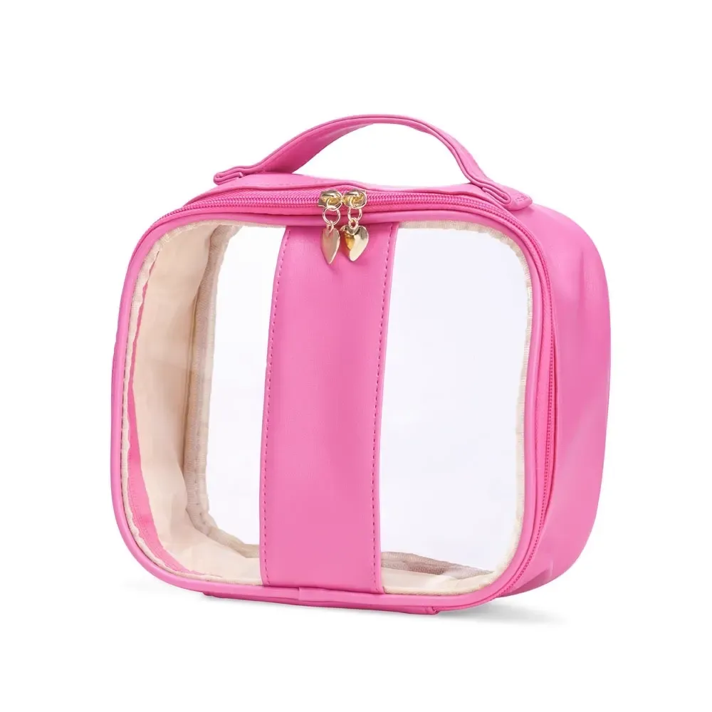 Necessaire personalizada de PVC com puxador coração, tamanho M, cor rosa escuro