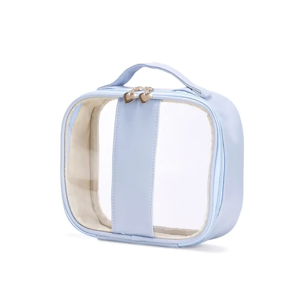 Necessaire personalizada de PVC com puxador coração, tamanho P, cor azul claro