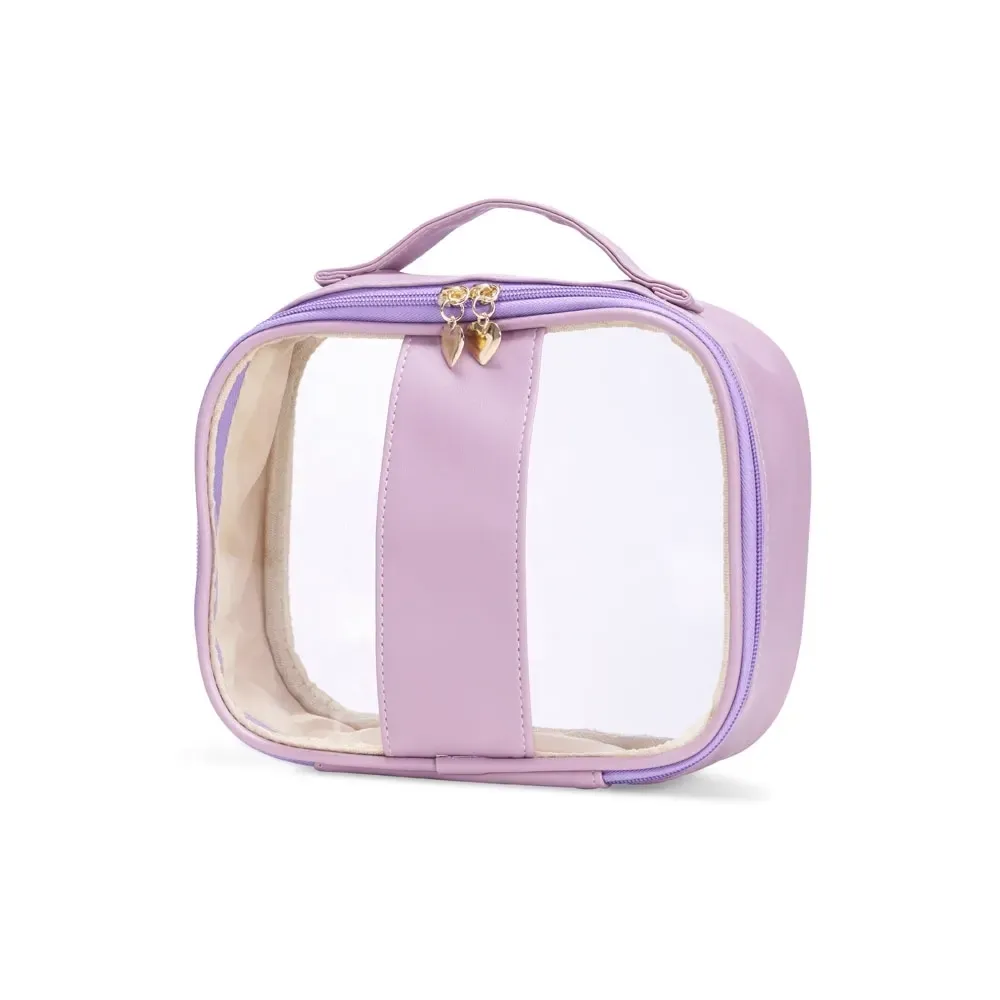 Necessaire personalizada de PVC com puxador coração, tamanho P, cor lilás