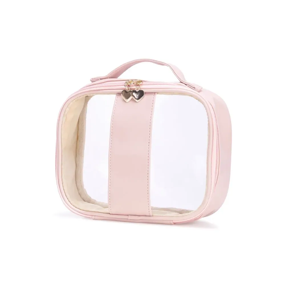 Necessaire personalizada de PVC com puxador coração, tamanho P, cor rosa claro