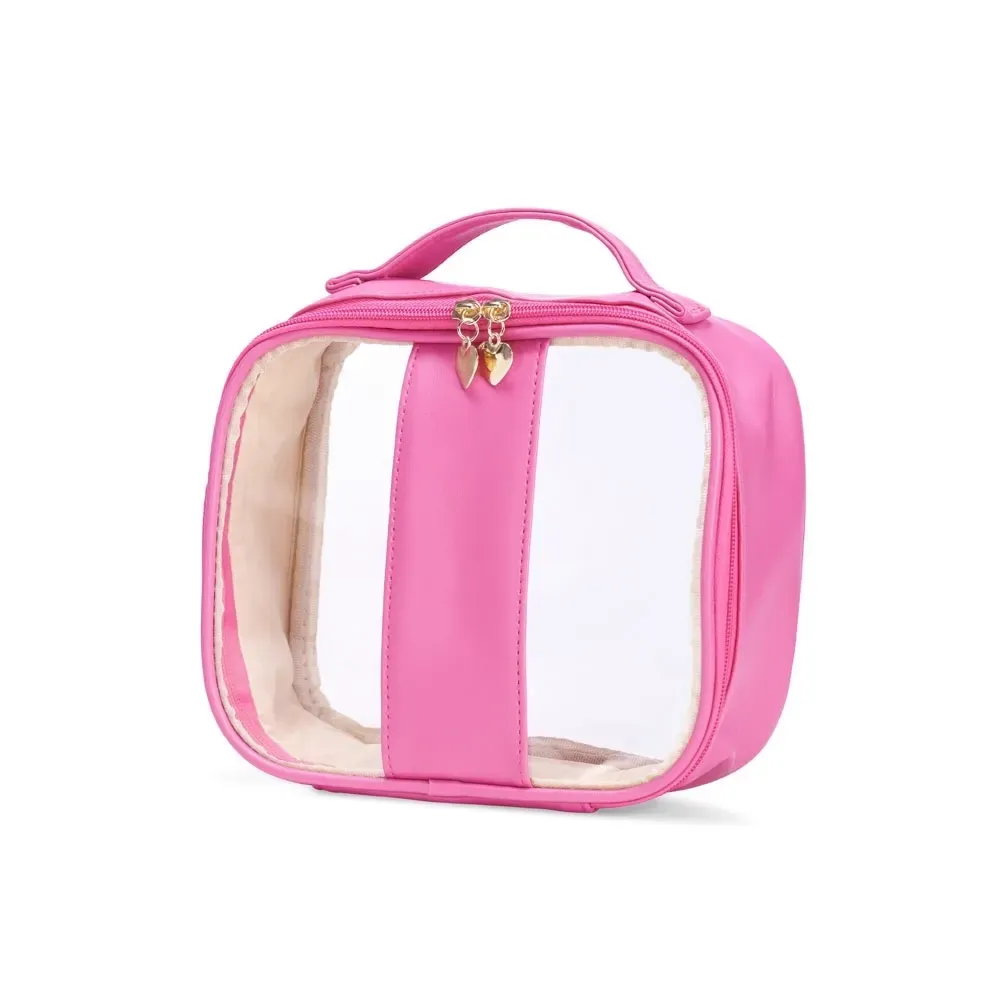 Necessaire personalizada de PVC com puxador coração, tamanho P, cor rosa escuro