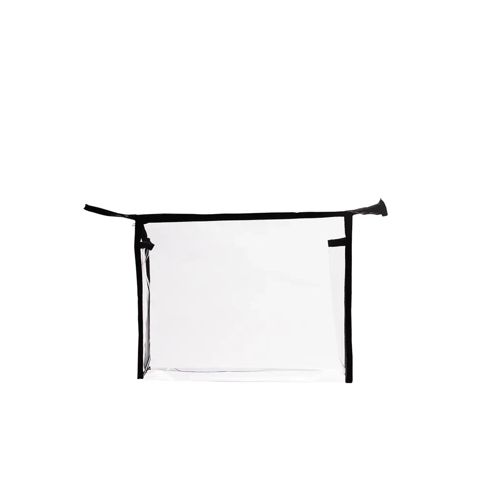 Nécessaire personalizada de PVC transparente, formato flat, detalhe preto