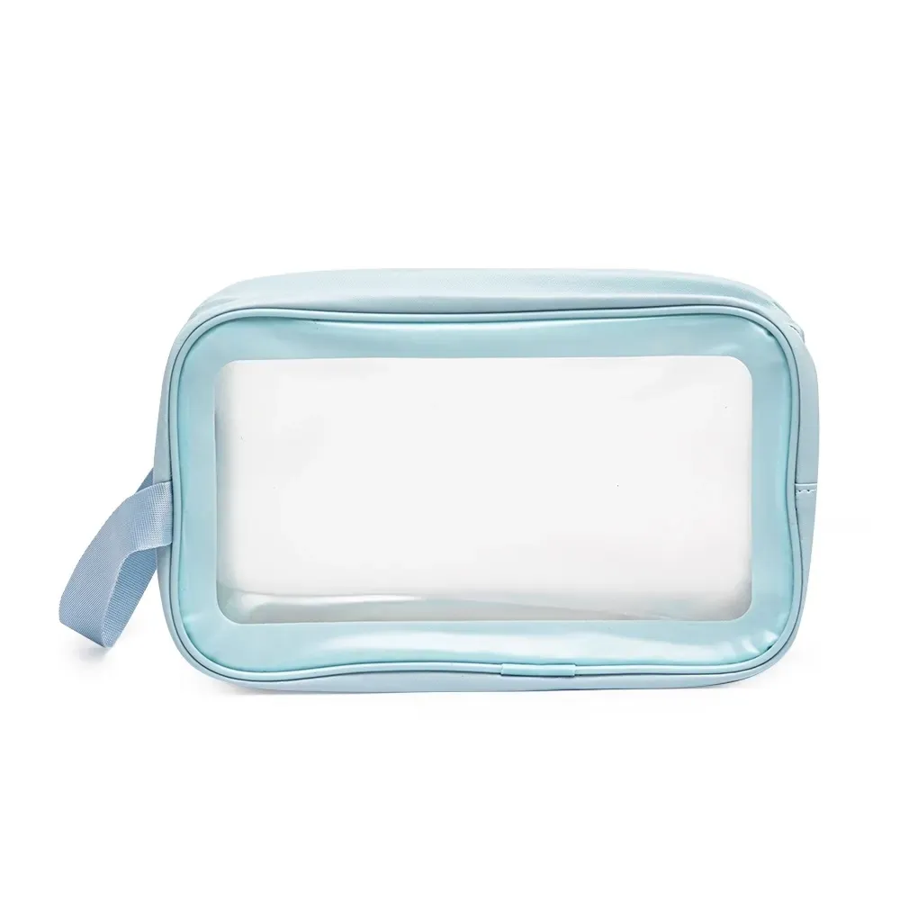 Necessaire personalizada de PVC transparente com laterais em PU, cor azul