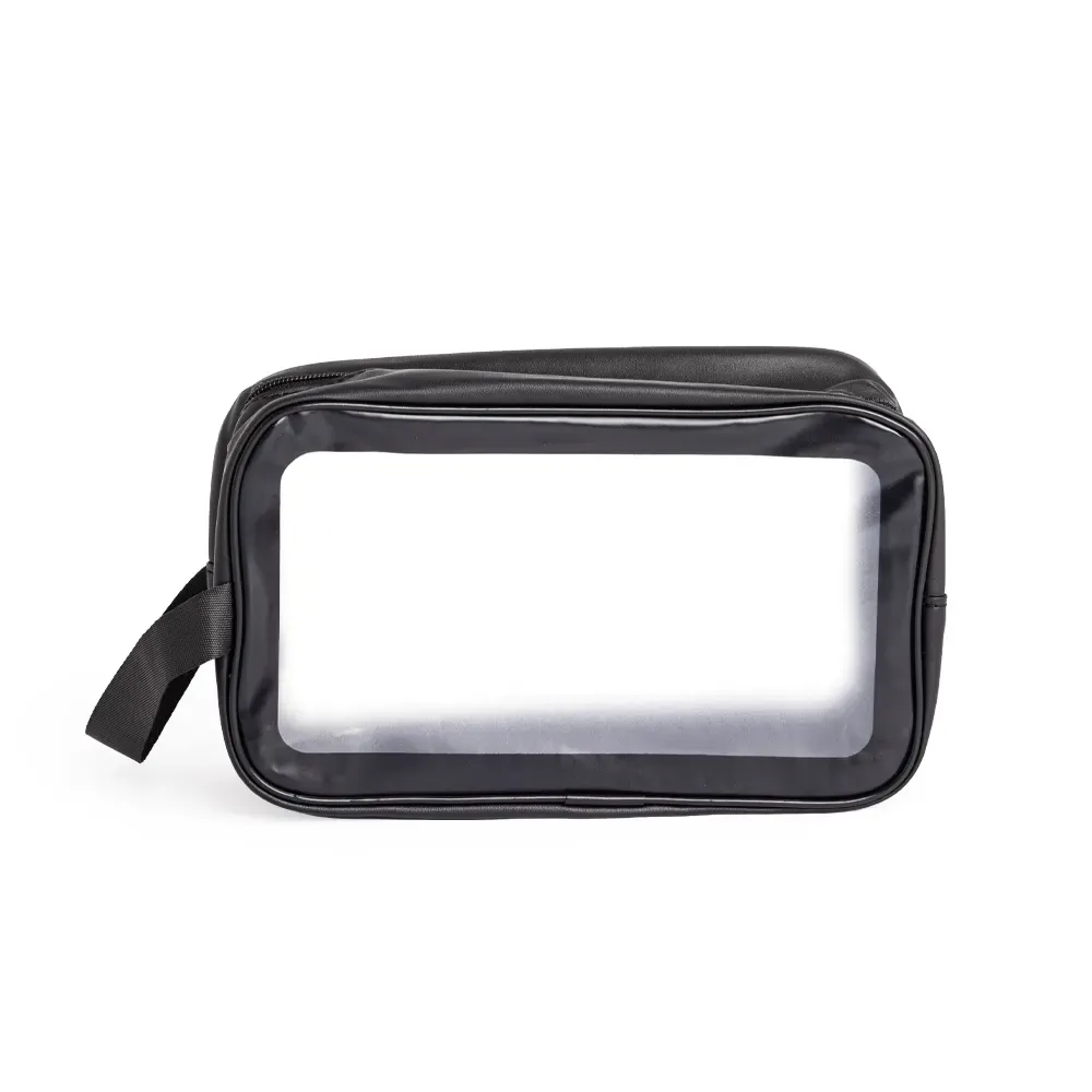 Necessaire personalizada de PVC transparente com laterais em PU, cor preta