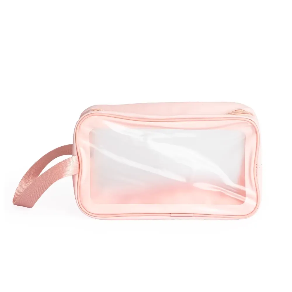 Necessaire personalizada de PVC transparente com laterais em PU, cor rosa