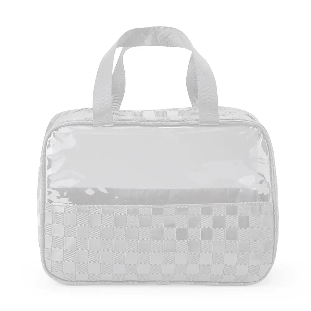 Nécessaire de PVC Xadrez Grande com Visor Transparente Personalizada, cor branco