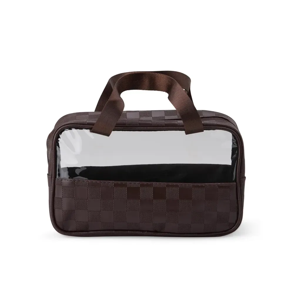 Nécessaire de PVC Xadrez com Visor Transparente Personalizada, cor marrom