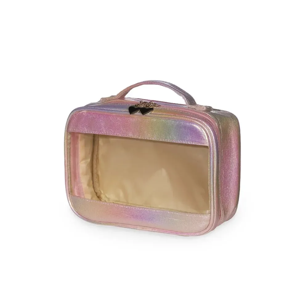 Necessaire personalizada sintética holográfica impermeável, cor rosa claro