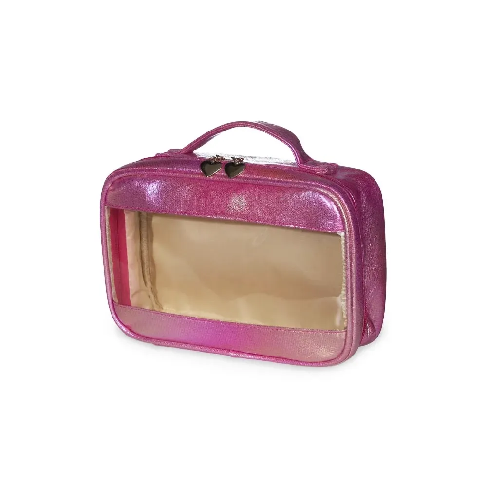 Necessaire personalizada sintética holográfica impermeável, cor rosa escuro