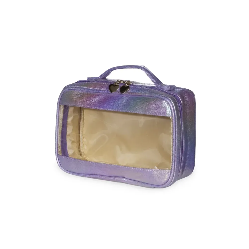 Necessaire personalizada sintética holográfica impermeável, cor roxa