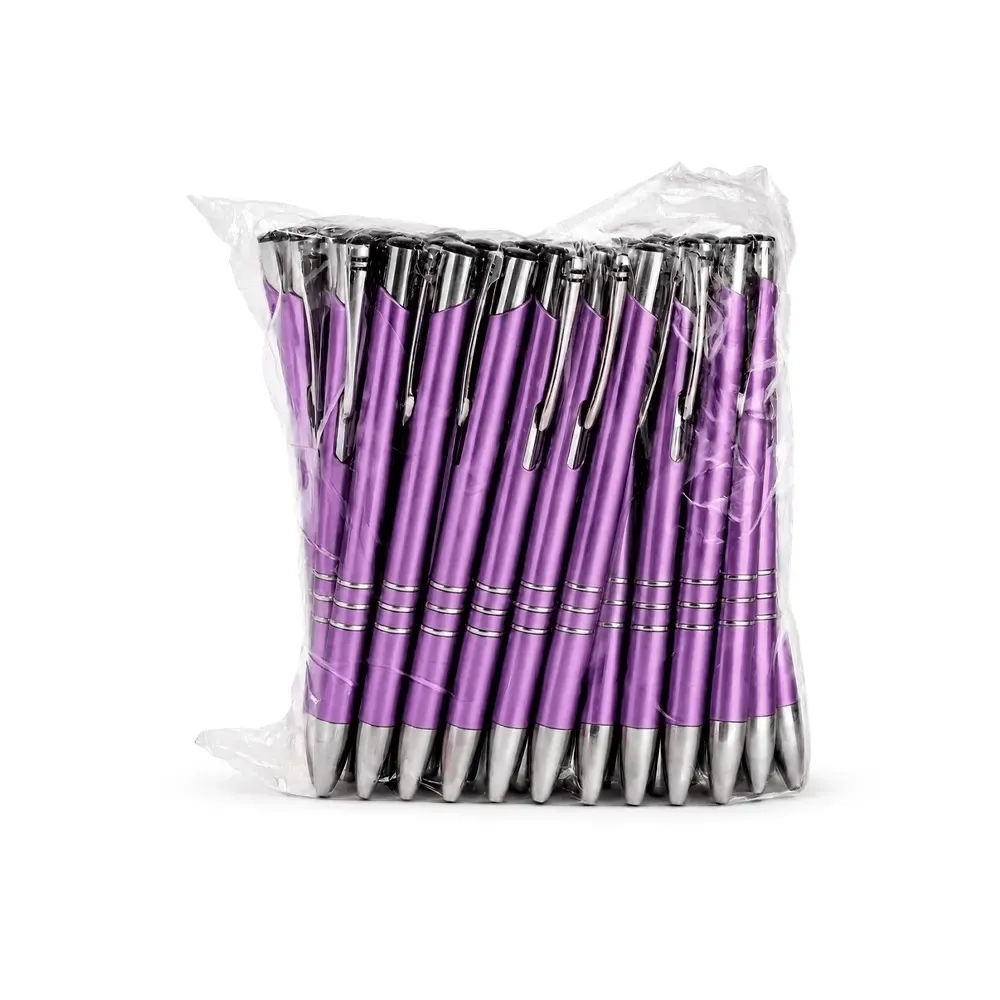 Caneta personalizada plástica violeta, pacote com 50 unidades
