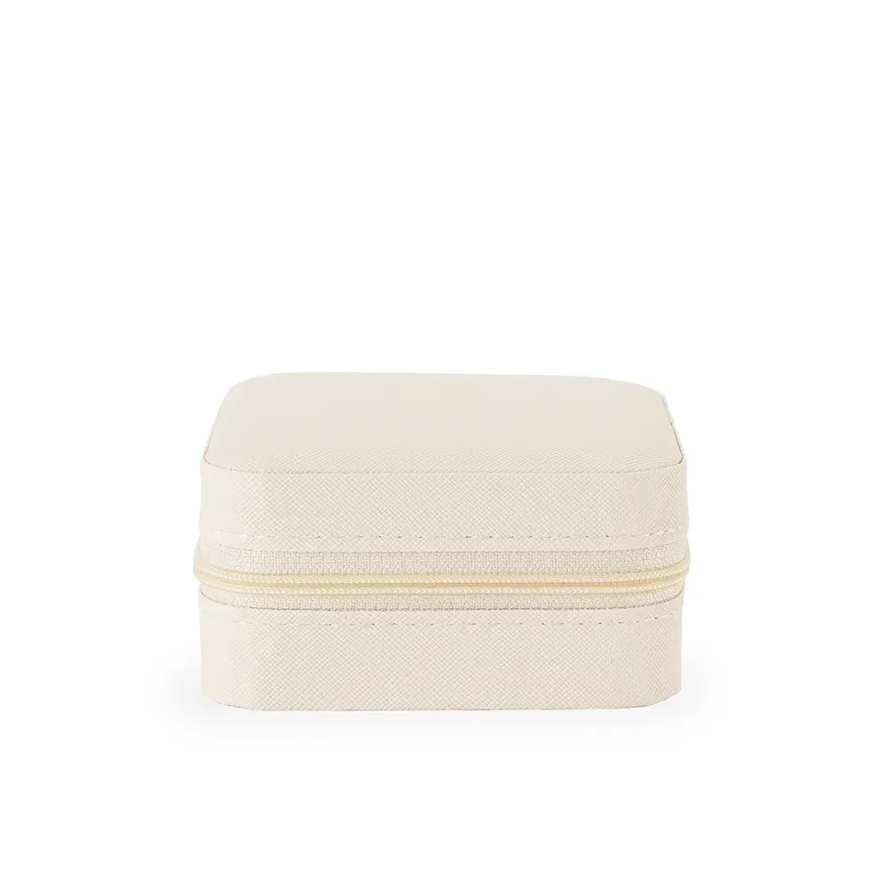 Porta-Joias de Couro Sintético com Espelho e Zíper, cor creme