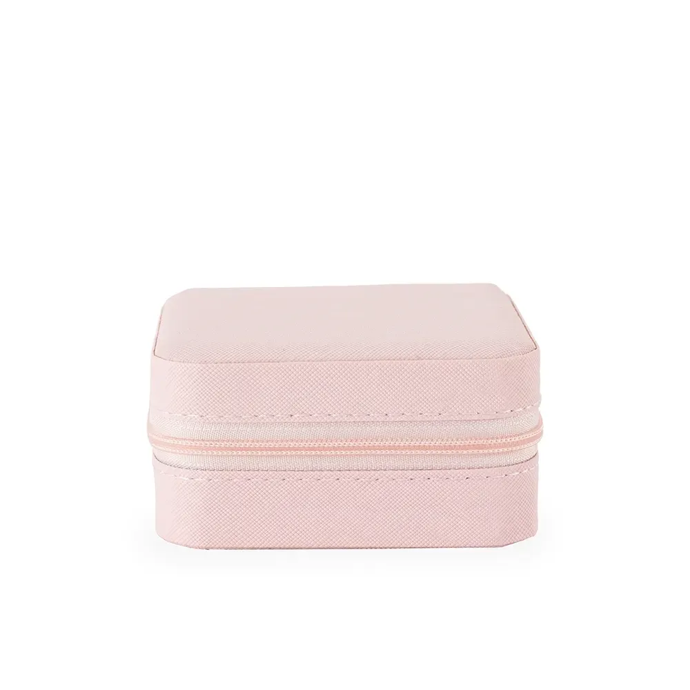 Porta-Joias de Couro Sintético com Espelho e Zíper, cor rosa claro