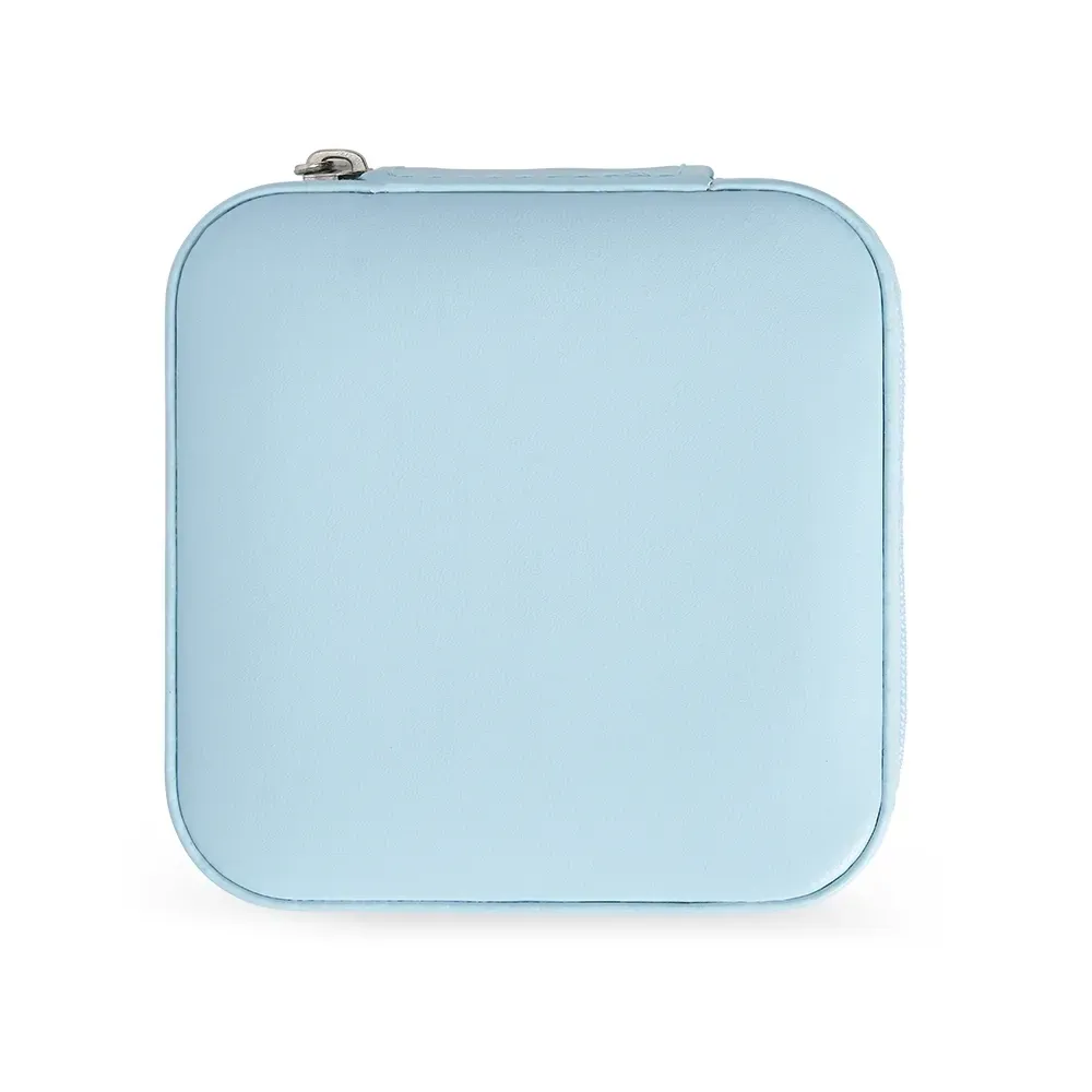 Porta-Joias de Couro Sintético com Ganchos e Bolso Elástico, cor azul claro