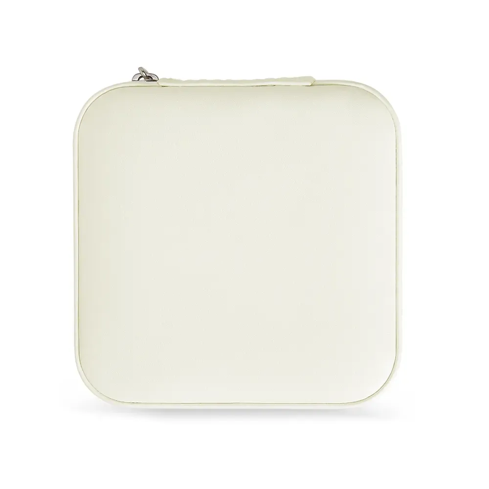 Porta-Joias de Couro Sintético com Ganchos e Bolso Elástico, cor creme