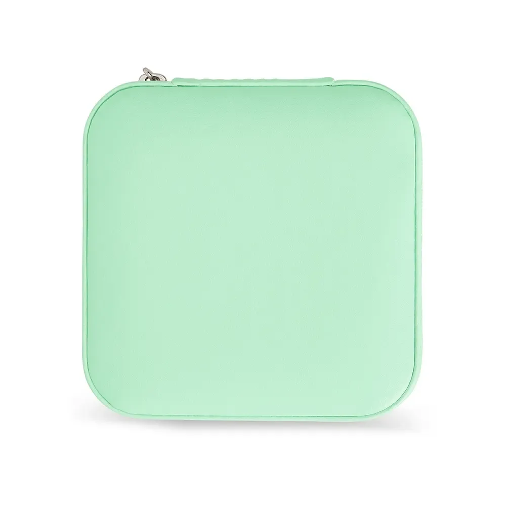 Porta-Joias de Couro Sintético com Ganchos e Bolso Elástico, cor verde água