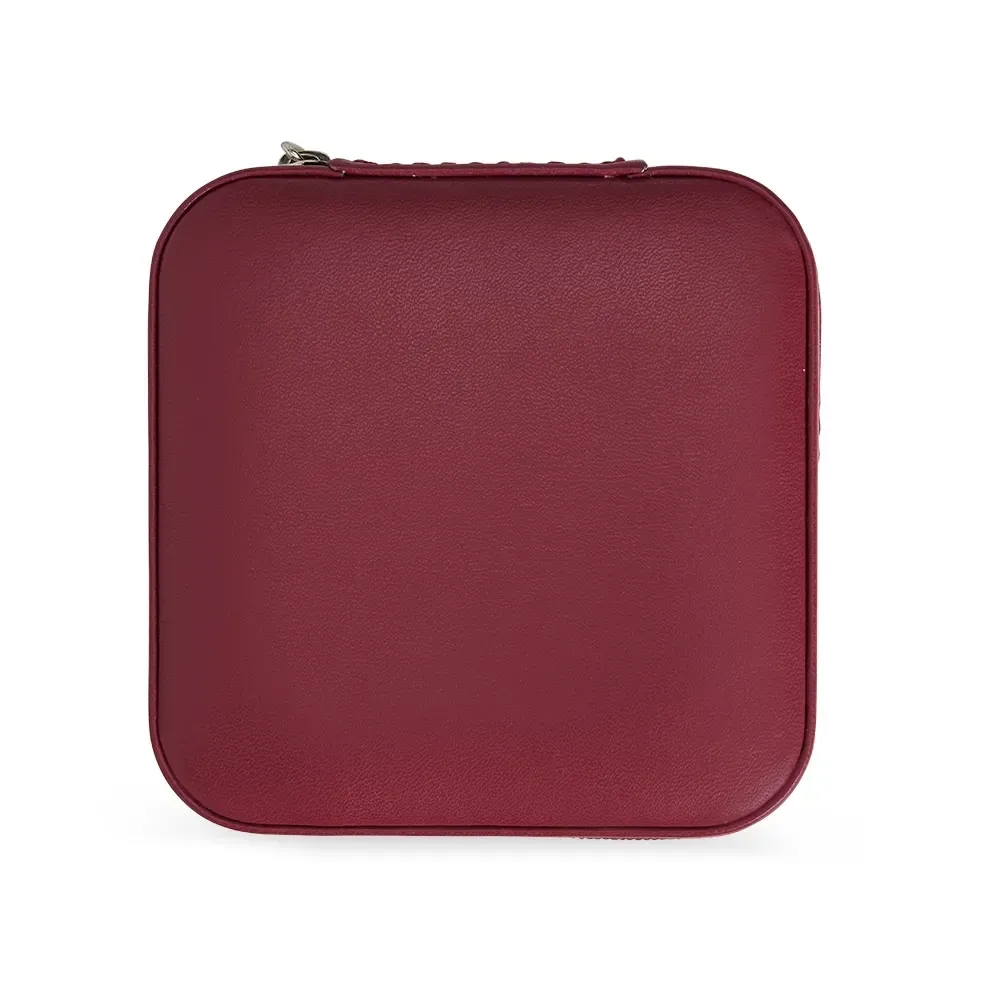 Porta-Joias de Couro Sintético com Ganchos e Bolso Elástico, cor vinho