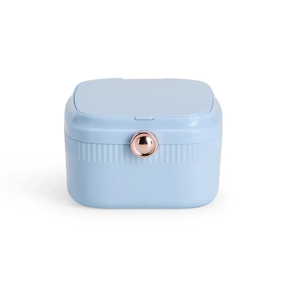 Porta-Joias de Plástico com Espelho e Botão Rose Gold, cor azul claro