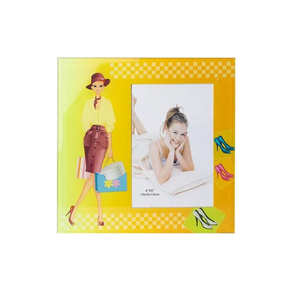Porta-Retrato Personalizado com Frente de Vidro e Veludo, cor amarelo